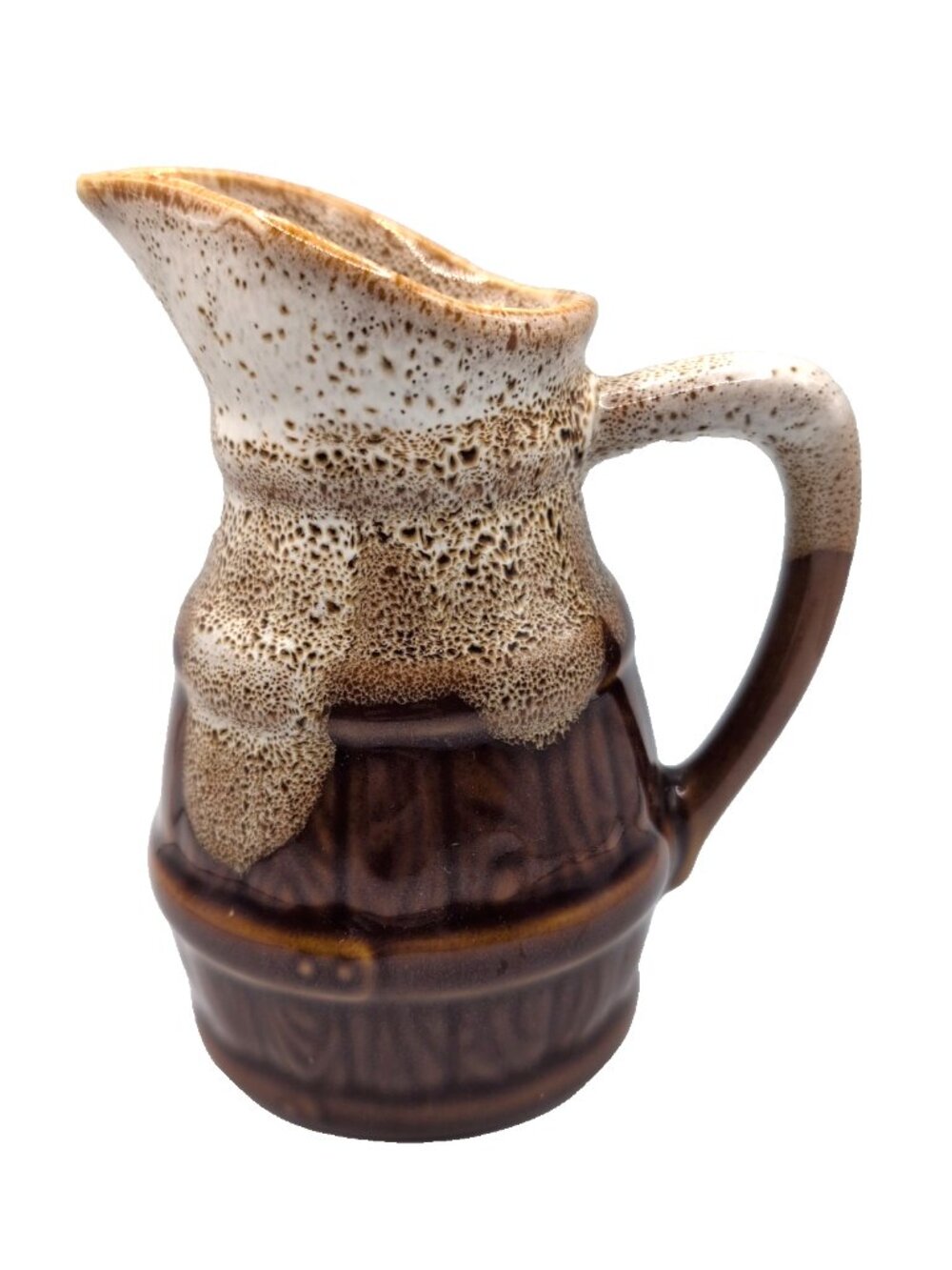 Revol France Ceramic Glazed Pitcher Creamer 5x4" Brown Barrel Drip Glaze VGC